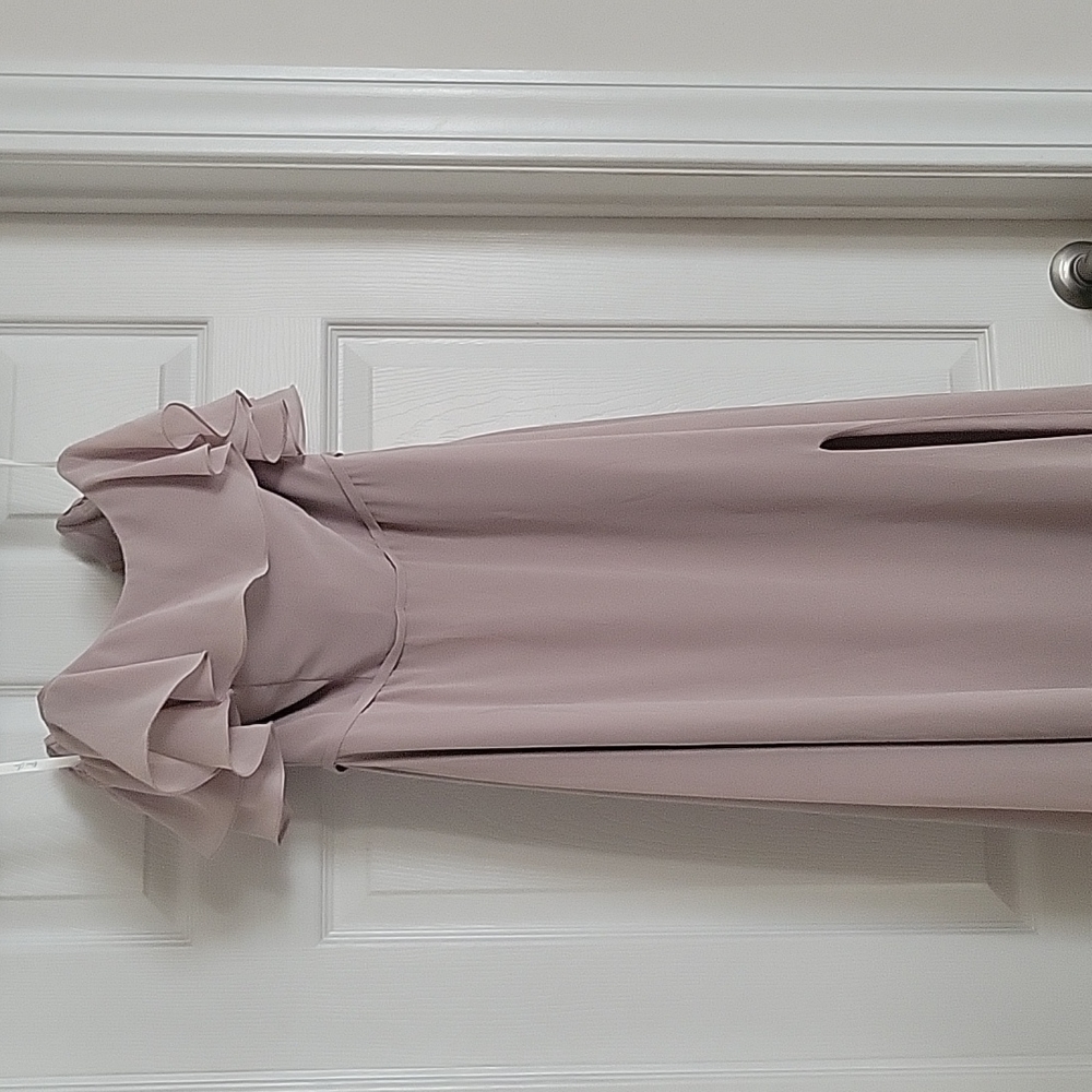 Dear Cleo bridesmaids lined chiffon strapless dress with slit in front.